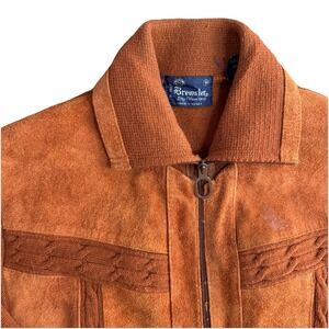 Brewster Zip Up Suede Leather Elbow Patch Jacket Sweater Vintage 70s Cable Knit‎